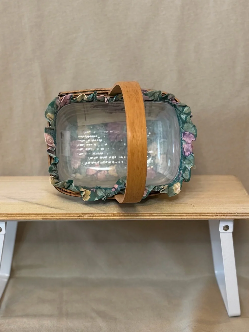 Longaberger Brown Wood Basket with Green Floral Liner
